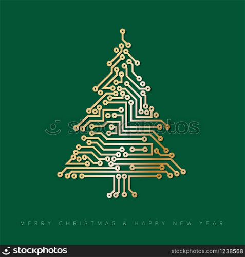 Vector christmas tree made from digital golden electronic circuit on green printed circuit. Vector christmas tree from golden digital electronic circuit