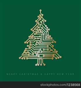 Vector christmas tree made from digital golden electronic circuit on green printed circuit. Vector christmas tree from golden digital electronic circuit