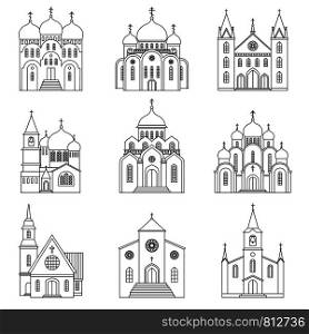 Vector church line icons. Religious sanctuary basilica buildings and praying chapel linear signs. Church linear icons on white background
