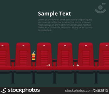 Vector cinema chairs poster with s&le text in flat style. Theater event and auditorium, show and presentation. Vector cinema chairs poster with s&le text