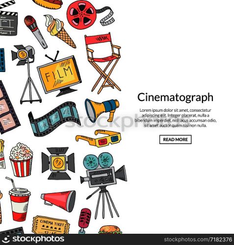 Vector cinema doodle icons background banner with place for text illustration. Vector cinema doodle icons