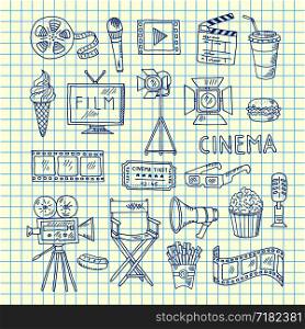 Vector cinema doodle icons of set on cell sheet illustration. Vector cinema doodle icons