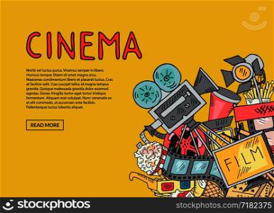 Vector cinema doodle icons on yellow background with place for text illustration. Vector cinema doodle icons on yellow background