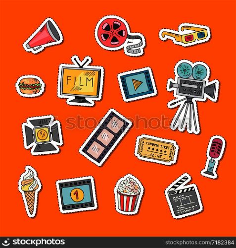 Vector cinema doodle icons stickers set illustration isolated on orange background. Vector cinema doodle icons stickers set illustration