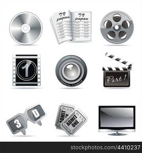 Vector cinema icons: film reel, stack of reels, film strip and clapboard : film reel, stack of reels, film strip and clapboard