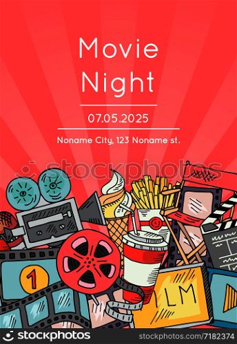 Vector cinema icons poster for movie night or festival on sunrays bacgkround illustration. Vector cinema doodle icons poster for movie night or festival