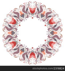 Vector circle border with gentle vintage floral ornament. Tender baroque round frame with flowers and foliage in pastel color. Luxury damask template in flat hand drawn style for card and invitation. Vector circle border with gentle vintage floral ornament. Tender baroque round frame with flowers and foliage in pastel color.