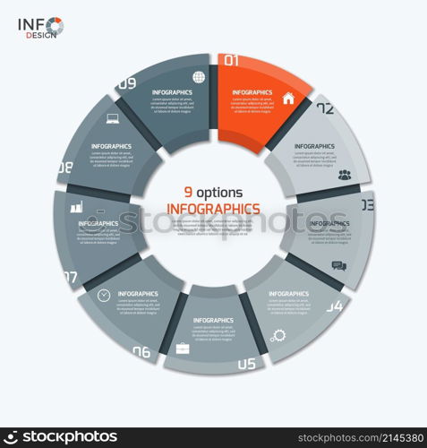 Vector circle chart infographic template with 9 options for presentations, advertising, layouts, annual reports.. Vector circle chart infographic template with 9 options for pres