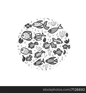 Vector circle composition of fish collection isolated on white background. Cute aquarium fish characters in doodle style. Vector black and white design illustration.