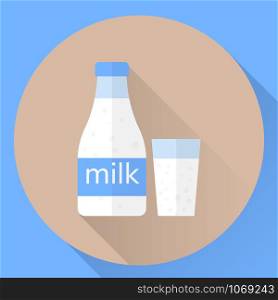 vector circle flat icon bottle and a glass of milk. vector flat icon bottle and a glass of milk