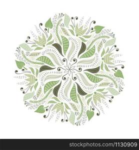 Vector Circle Pattern with Flowers, Berries, and Leaves. Green Spring Greeting Card Design