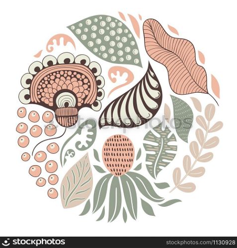 Vector Circle Pattern with Flowers, Berries, and Leaves. Spring Greeting Card Design