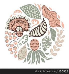 Vector Circle Pattern with Flowers, Berries, and Leaves. Spring Greeting Card Design