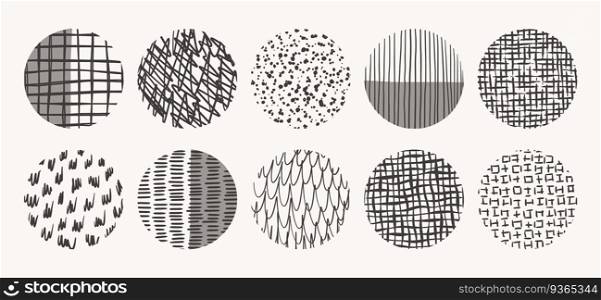 Vector circle textures made with ink, pencil, brush. Geometric doodle shapes of spots, dots, circles, strokes, stripes, lines. Set of hand drawn patterns. Template for social media, posters, prints.