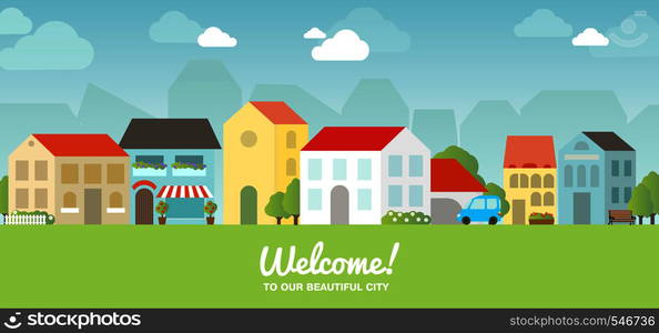 Vector city illustration in flat simple style - houses and buildings on horizontal banner - website headers. Sign Welcome to our beautiful city. Vector city illustration in flat simple style, houses on horizontal banner, website header.