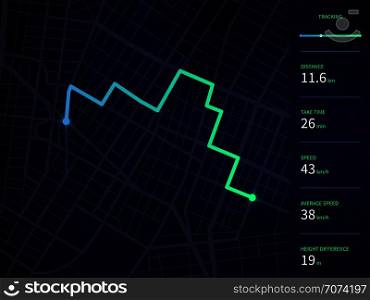 Vector city map with route and data interface for gps navigation and tracker app. Roadmap navigators UI, navigation plan vector illustration. Vector city map with route and data interface for gps navigation and tracker app