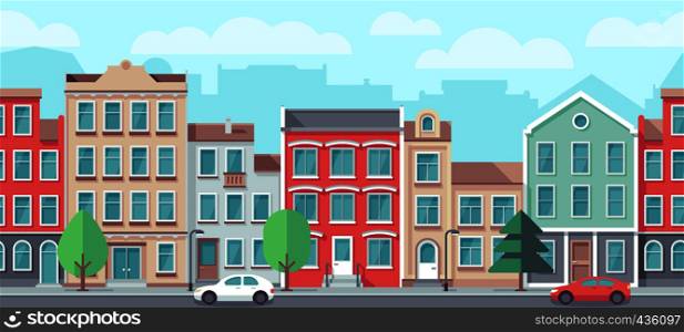 Vector cityscape with old apartment houses. Vector seamless town street. City europe facade building illustration. Vector cityscape with old apartment houses. Vector seamless town street