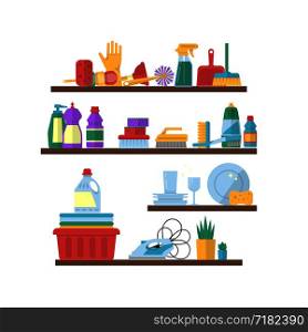 Vector cleaning flat elements of color detergent on shelves illustration. Vector cleaning flat elements on shelves illustration