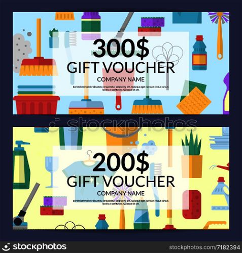 Vector cleaning flat icons discount or gift card voucher templates illustration. Gift voucher for cleaning. Vector cleaning icon discount. Gift voucher for cleaning