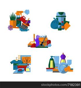 Vector cleaning flat icons piles set illustration isolated on white. Vector cleaning flat icons piles set illustration