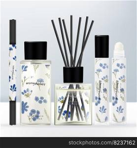 Vector Clear Glass or Plastic Screw Cap Bottle Diffuser Bottle, Roll-on Fragrance Bottle and Charcoal Reed Aromatic Home Diffuser Set.