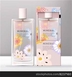 Vector Clear Glass or Plastic Tall Screw Cap Perfume or Fragrance Bottle with Floral Print Open Window Carton Box Packaging.
