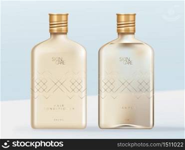 Vector Clear or Transparent Alcohol, Skin Care or Beauty Glass Bottle Illustration. Shampoo & Conditioner, Opaque & Clear Formulation.