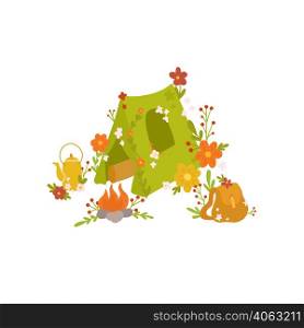 Vector clipart illustration of summer adventure on white background. Bright child image of hiking. Tent and campfire with floral decoration. Summer active rest. Camp with ditsy flower. Vector clipart illustration of summer adventure on white background. Bright child image of hiking. Tent and campfire