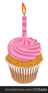 vector clipart of pink cupcake with burning candle