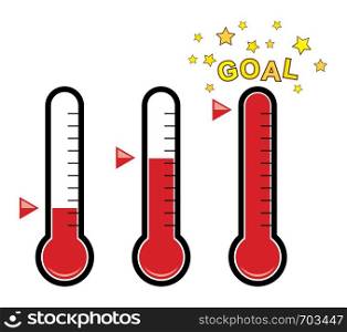 vector clipart set of goal thermometers at different levels with degrees/ no numbers/ golden stars and red bulb temperature measurement device for business and charity backgrounds