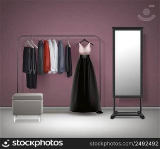 Vector cloakroom interior mirror, pouf, black metal clothes rack with dress, trousers, pants and shirts front view. Vector Cloakroom interior front view