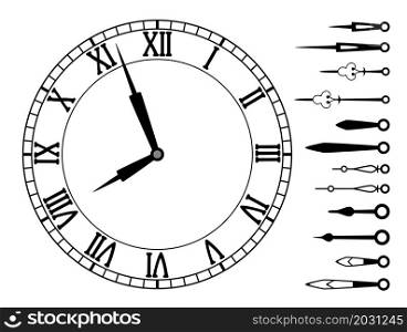 vector clock dial with roman numbers and set of clock hands