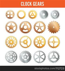 Vector Clock Gears. Metal Icons Isolated On White Background. Silver, Gold, Bronze.. Vector Clock Gears. Metal Icons Isolated On White. Silver, Gold, Bronze
