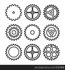 Vector Clock Gears. Outline Icons Set Clock Or Machine Wheel Mechanism. Mechanical, Technology Sign Isolated On White Background.. Vector Clock Gears. Outline Icons Set Clock Or Machine Wheel Mechanism. Mechanical, Technology Sign Isolated On White