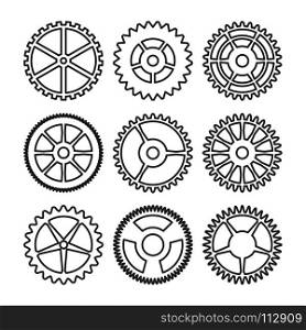 Vector Clock Gears. Outline Icons Set Clock Or Machine Wheel Mechanism. Mechanical, Technology Sign Isolated On White Background.. Vector Clock Gears. Outline Icons Set Clock Or Machine Wheel Mechanism. Mechanical, Technology Sign Isolated On White
