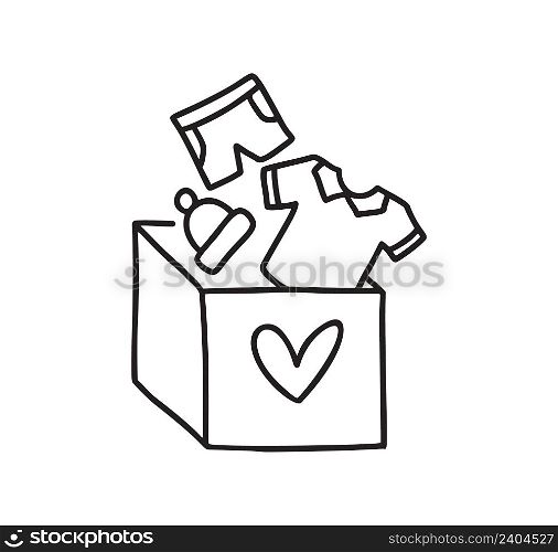 Vector Clothes donating linear icon. Thin monoline illustration. Donation box with t-shirt, hat and others. Used clothes. Charity contour symbol. isolated outline drawing.. Vector Clothes donating linear icon. Thin monoline illustration. Donation box with t-shirt, hat and others. Used clothes. Charity contour symbol. isolated outline drawing