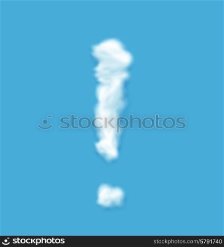 Vector cloud question on a blue background. Exclamation Mark Shaped Fluffy Cloud on Blue Sky Background - vector