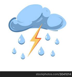Vector cloud with falling rain and striking lightning. Vector cloud with falling rain and striking lightning isolated on white background. Stormy and thunderstorm illustration
