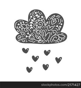 Vector cloud with hearts rain in cartoon scandinavian style for kids. Cute love valentine hand drawn illustration for posters, prints, cards, fabric, children books, interior design.. Vector cloud with hearts rain in cartoon scandinavian style for kids. Cute love valentine hand drawn illustration for posters, prints, cards, fabric, children books, interior design