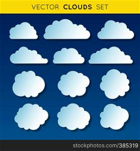 Vector clouds set, white linear gradient clouds with shadow on blue background. Vector clouds set 1
