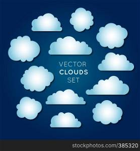Vector clouds set, white radial gradient clouds with shadow on blue background. Vector clouds set 2