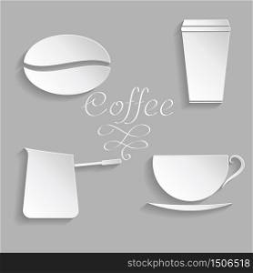 Vector coffee background with floral pattern elements. 3D elements with shadows and highlights. Paper cut. Eps10