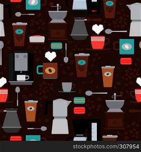 Vector coffee shop seamless pattern. Background with coffee maker and coffee beans. Coffee shop seamless pattern