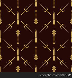 vector cold steel arms pattern. vector gold color solid design various medieval cold steel arms set seamless pattern isolated on dark brown background