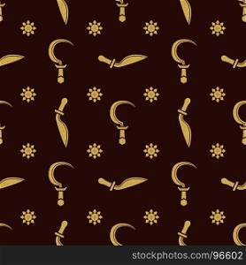 vector cold steel arms pattern. vector gold color solid design various medieval cold steel arms set seamless pattern isolated on dark brown background