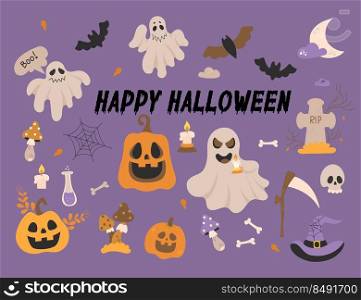 Vector collection Happy Halloween. Holiday Jack lantern pumpkin, bat, ghost, cobweb, skull, witch hat and scythe, grave, fly agaric and magic potion. Isolated elements for decor, design, decoration
