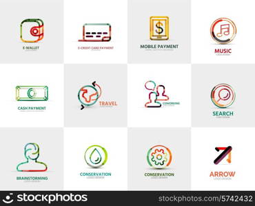 Vector collection of 12 company logos, business concepts. Wallet credit card mobile payment music cash travel coworking search brainstorming gear water conservation arrow gear cog
