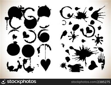 Vector collection of artistic paint wet ink drop spots. Black and white illustration.. Blobs set isolated on white background