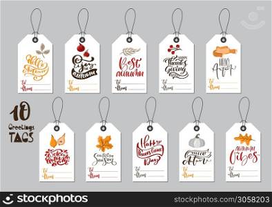 Vector collection of autumn tags with calligraphic phrases Happy Thanksgiving Day and place for text. Hand drawn typography templates with fall some illustrations. Banner design set.. Vector collection of autumn tags with calligraphic phrases Happy Thanksgiving Day and place for text. Hand drawn typography templates with fall some illustrations. Banner design set