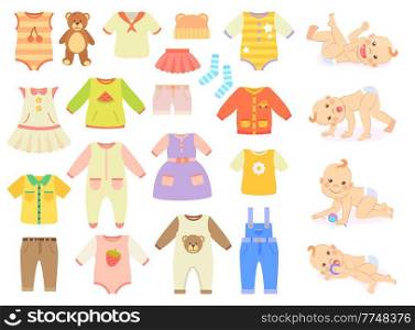 Vector collection of baby and children clothes for boys and girls isolated on white background. Cute baby crawls and plays. Kids dress in pastel colours element for baby design flat illustration. Vector collection of baby and children clothes for boys and girls. Cute baby crawls and plays